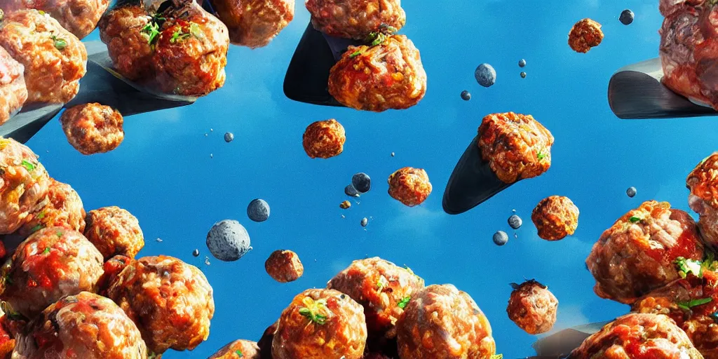 Image similar to Floating paellas and meatballs over a blue ocean, Darek Zabrocki, Karlkka, Jayison Devadas, Phuoc Quan, trending on Artstation, 8K, ultra wide angle, pincushion lens effect.