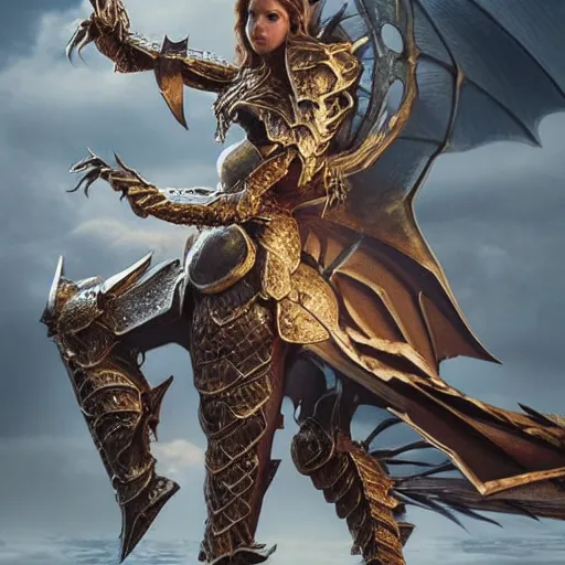 Prompt: highly detailed realistic stunning shot of a beautiful anthropomorphic female dragon knight, doing a majestic and elegant pose, armor made of steel, sharp claws and tail, two wings on her back, HD octane render, epic cinematography, fantasy, Artstation, Deviantart, Furaffinity