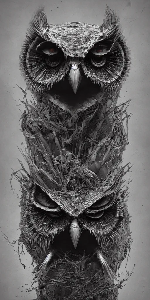 Image similar to an owl in the style of h. r giger, incredible art, character design, octane render,