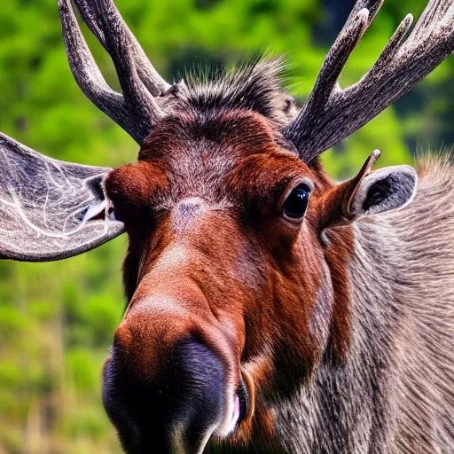 Prompt: close - up photo of a moose, fisheye