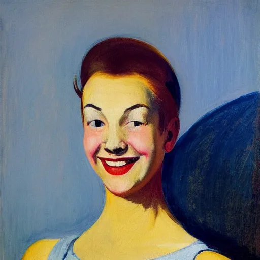 Prompt: representation of a young woman with a happy face in the year 1960 by Edward Hopper, an American realist painter