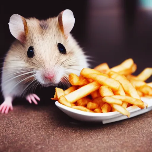 Image similar to detailed photo of a hamster eating fries, mcdonald's, various poses, full body, unedited, daylight, dof 8 k