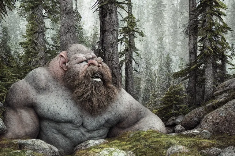 Prompt: huge mountain troll in a swedish forest, very low angle photograph, very detailed, trending on artstation, realistic, soft colors, illustration by john bauer