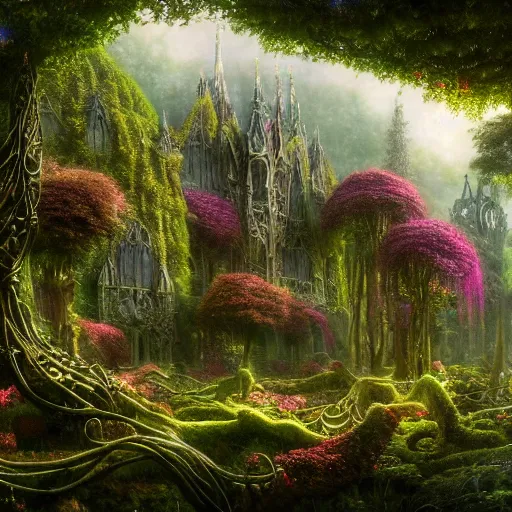 Prompt: a beautiful and highly detailed matte painting of an elven palace in a magical fantasy forest garden, psychedelic trees and plants and flowers, celtic vegetation, epic scale, insanely complex, hyperdetailed, sharp focus, hyperrealism, artstation, cgsociety, 8 k, bright colors, by caspar friedrich, albert bierstadt, james gurney, brian froud,
