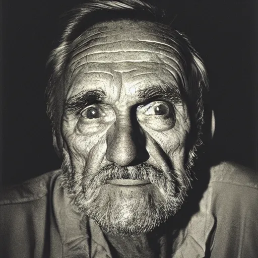 Prompt: portrait, extreme close up, sepia, beautiful light - dennis hopper, stares at the camera, night sky, stars, bruce gilden, leica s, fuji 8 0 0, grainy, low light