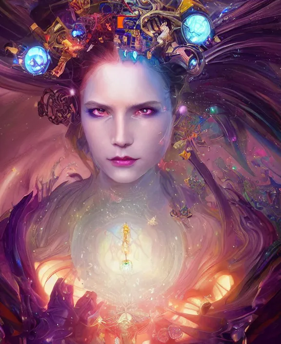 Image similar to a whirlwind of souls rushing inside the metaverse, half body, glowin eyes, tiara with sapphire, insect, android, cyberpunk, d & d, fantasy, intricate, elegant, highly detailed, colorful, vivid color, digital painting, artstation, concept art, art by artgerm and greg rutkowski and alphonse mucha and ruan jia