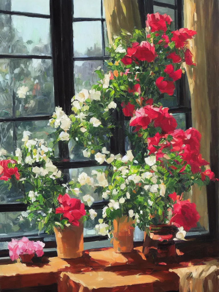 Prompt: gorgeous flowers by Ben aronson, oil on canvas, evening, window with art nouveaucurtains