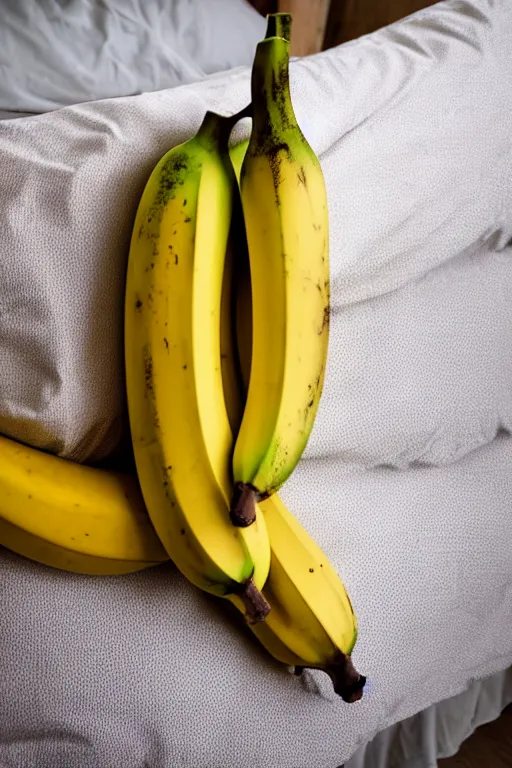 Prompt: banana sleeping in a bed