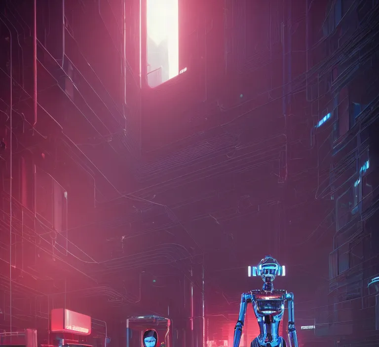 Image similar to hyperrealism stock photography of highly detailed stylish humanoid robot in sci - fi cyberpunk style by gragory crewdson and vincent di fate with many details by josan gonzalez working at the highly detailed data center by mike winkelmann and laurie greasley hyperrealism photo on dsmc 3 system rendered in blender and octane render