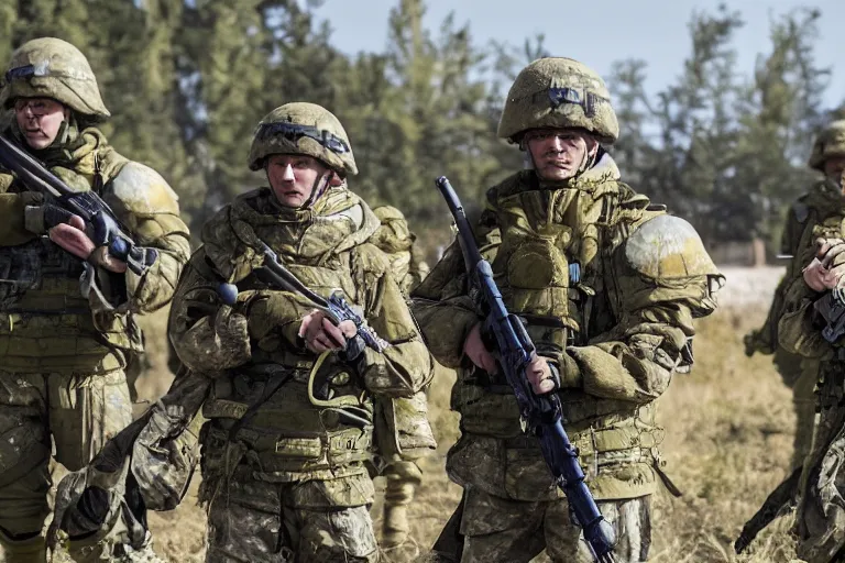 Image similar to promotional image of <Ukrainian fully equiped soldier with blue and yellow flag> as <Professional soldiers> in the new movie directed by <Tetsuya Nomura>, <fully equiped professional soldiers>, detailed face, movie still frame, promotional image, imax 70 mm footage