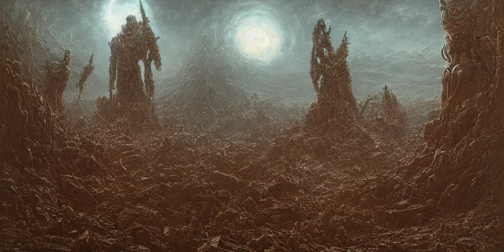 Image similar to destructive overlord robot ai apocalyptic future, futuristic, art by gustave dore, charles mottram, zdizslaw beksinski, victor mikhailovich vasnetsov, 8 k hd, highly detailed, death