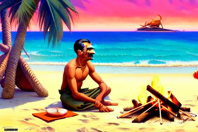 Image similar to gandhi at the beach, sitting on the sand next to a campfire, with palm trees in the back, by artgerm, ilya kuvshinov katsuhiro villeneuve, jeremy lipkin and michael garmash and rob rey, disney pixar zootopia, by tristan eaton, stanley artgermm, tom bagshaw, greg rutkowski, carne griffiths