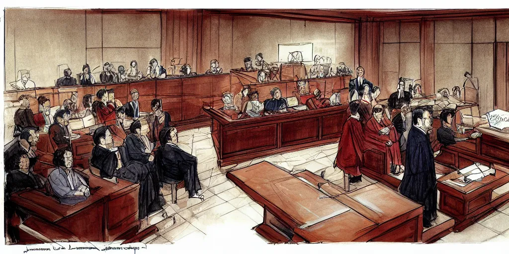 Prompt: Confucius and jury trial in the american courtroom sketch by Christine Cornell by Batton Lash by John M. Downs by Leo Hershfield, concept art