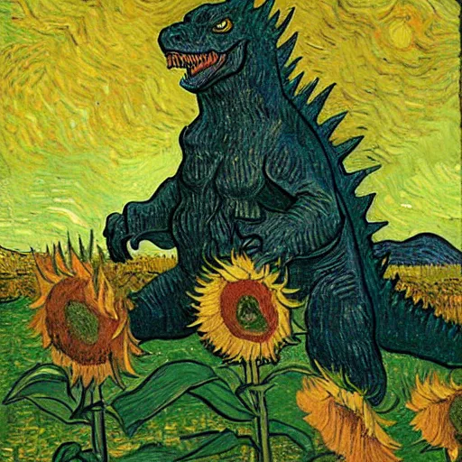 Prompt: godzilla standing in a field with sunflowers by Vincent van Gogh