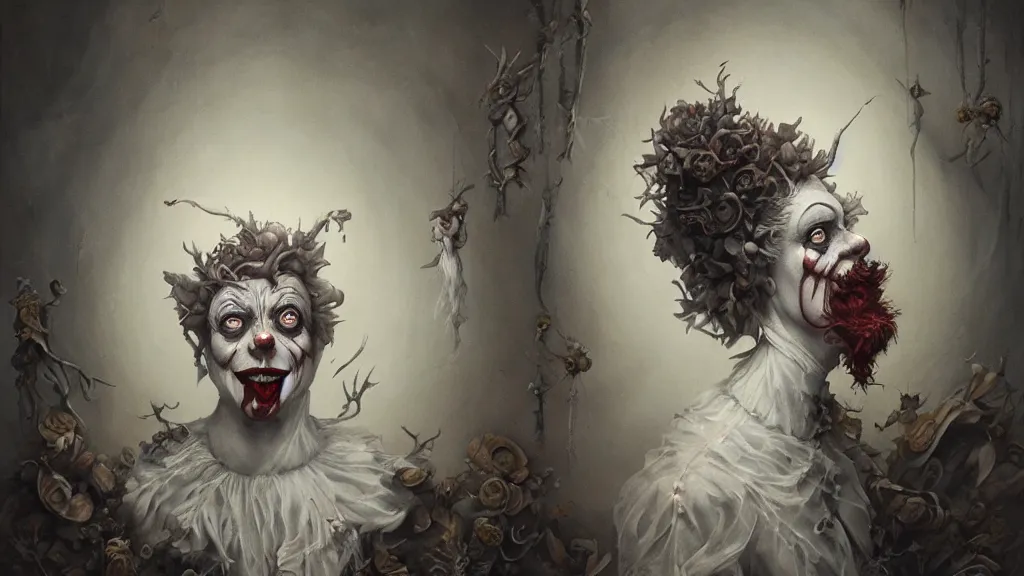 Image similar to a clown portrait in cloistered alleyway dreaming of a circus, in the style of peter mohrbacher by weta digital and beth cavener, high face symmetry, intricate, masterpiece, award winning, high face symmetry, intricate