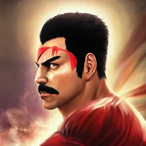 Prompt: freddy mercury as ryu street fighter, portrait, ultra realistic, concept art, intricate details, highly detailed, photorealistic, octane render, 8 k, unreal engine, art by frank frazetta, simon bisley, brom