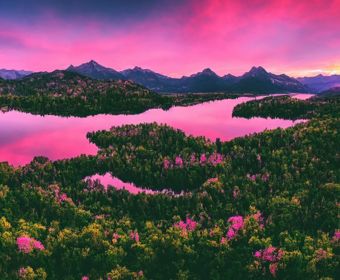 Prompt: wide angle photography, majestic mountains, beautiful lake, lush landscape, pink sky, sunset