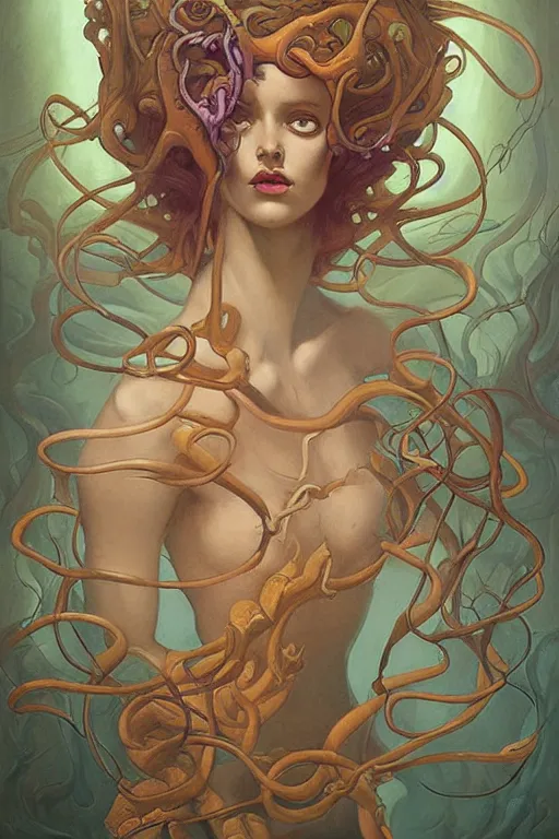 Prompt: Medusa by Peter Mohrbacher in the style of Gaston Bussière, Art Nouveau