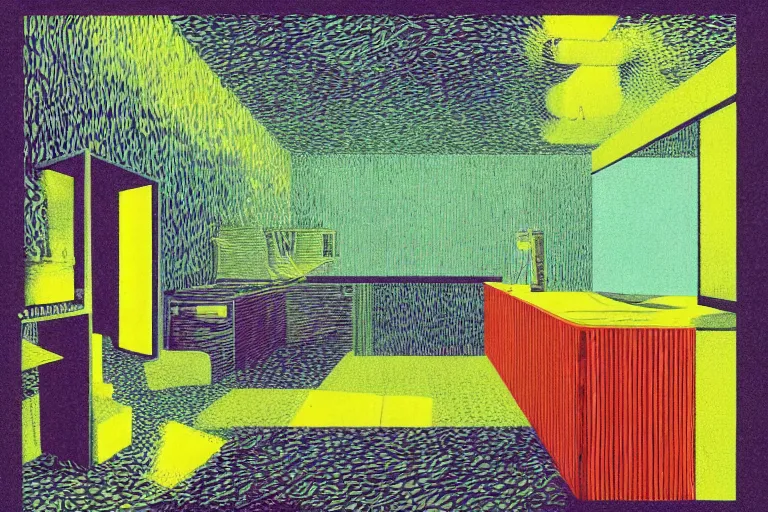 Image similar to surreal glimpse into other universe, house by mies van de rohe, summer morning, very coherent and colorful high contrast, art by!!!! gediminas pranckevicius!!!!, geof darrow, floralpunk screen printing woodblock, dark shadows, hard lighting, stipple brush technique,