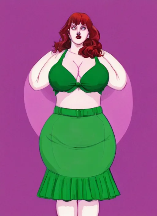 Prompt: full body portrait of teenage cheryl blossom, obese, bangs, green eyes, sultry expression, red hair, sultry smirk, bangs and wavy hair, pink skirt, fat, intricate, elegant, glowing lights, highly detailed, digital painting, artstation, concept art, smooth, sharp focus, illustration, art by wlop, mars ravelo and greg rutkowski