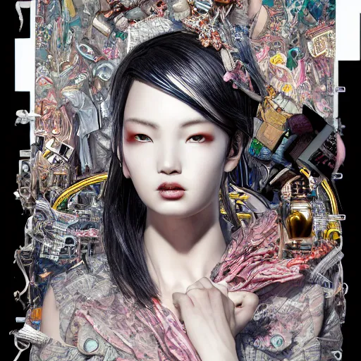 Image similar to the portrait of an absurdly beautiful, graceful, elegant, sophisticated, fashionable cyberpunk gravure idol, an ultrafine hyperdetailed illustration by kim jung gi, irakli nadar, hong june hyung, intricate linework, bright colors, porcelain skin, mixed metals, unreal engine 5 highly rendered, global illumination, radiant light, detailed and intricate environment