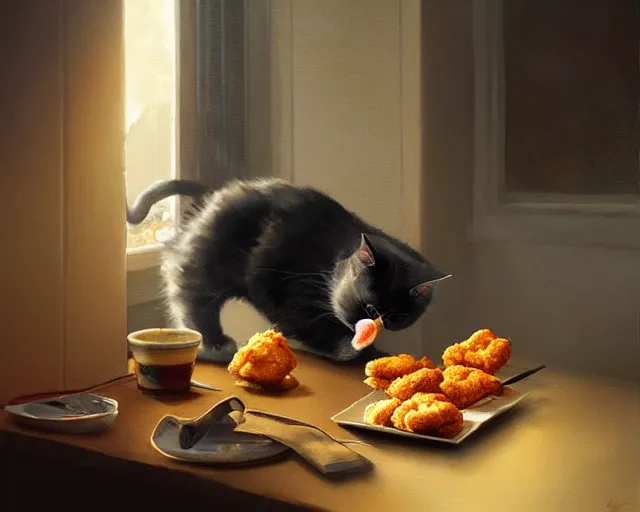 Prompt: a cat eating chicken nuggets from mcdonald's, very detailed digital art, dynamic lighting, moody atmosphere, dark background, 4 k portrait art by artgerm, greg rutkowski, craig mullins