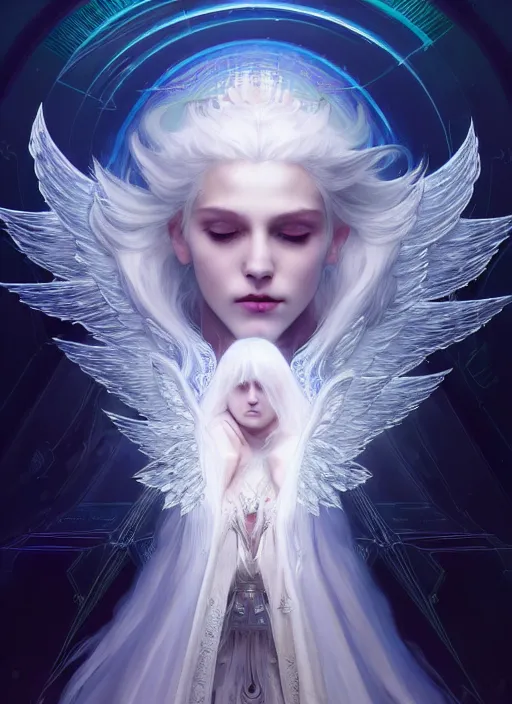 Image similar to a beautiful white haired princess with angel wings, intricate concept art, ethereal, ominous, mysterious, enchanted, cosmic, dramatic lighting, illuminated lines, outrun, vaporware, illuminated runes, cyberpunk darksynth, dark background, 8 k, by ruan jia and krenz cushart and alphonse mucha