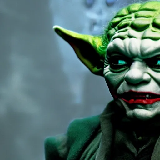 Prompt: stunning awe inspiring ( yoda ) as the joker, movie still 8 k hdr atmospheric lighting