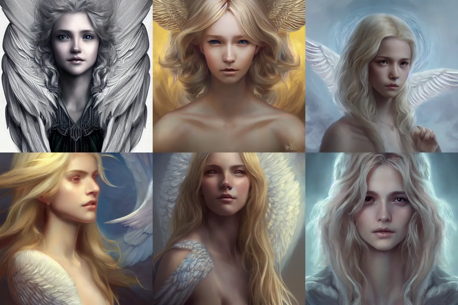 Prompt: a beautiful winged angel, blonde hair, portrait, magical, holy, character concept art, intricate complexity, by wlop, by charlie bowater, by quixel megascan, by artgerm and by ilya kushinov