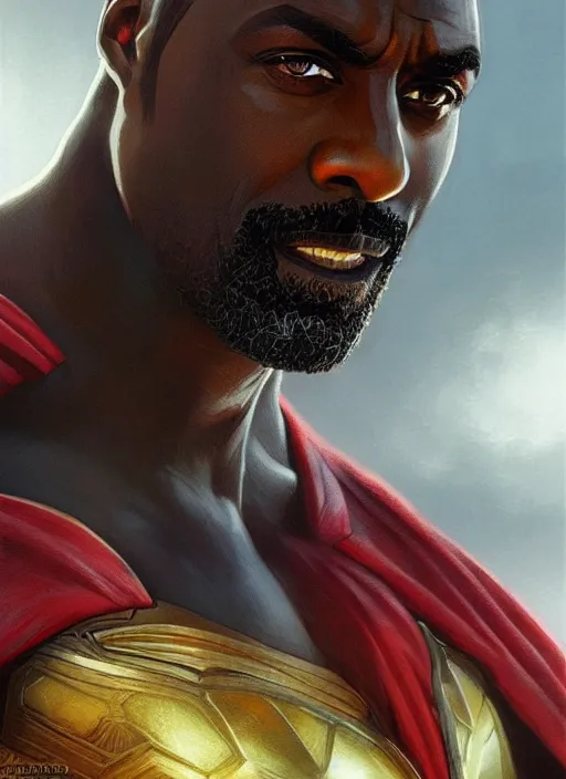 Image similar to Idris Elba as Superman, fantasy, intricate, elegant, highly detailed, digital painting, artstation, concept art, smooth, sharp focus, illustration, art by artgerm and greg rutkowski and alphonse mucha