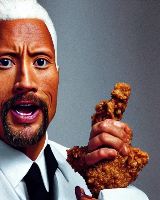 Image similar to dwayne johnson as colonel sanders eating fried chicken