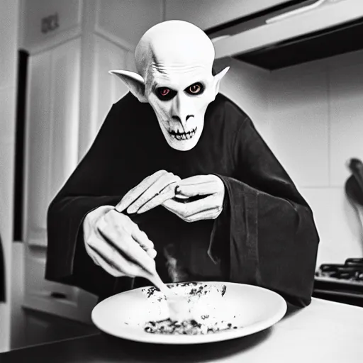 Image similar to nosferatu is cooking in a kitchen, realistic photography