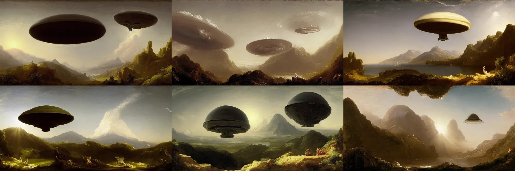 Prompt: Giant UFO emerging from the sky over a beautiful landscape by Thomas Cole, by Raphael Lacoste, by Guy Denning