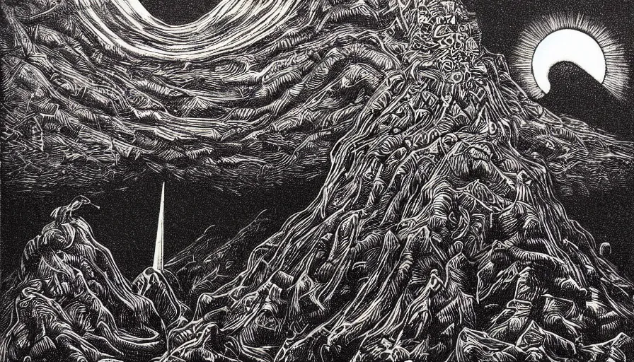 Prompt: linocut print of the apocalypse, mind map, dante, beksinski, ink, detailed, clean lines