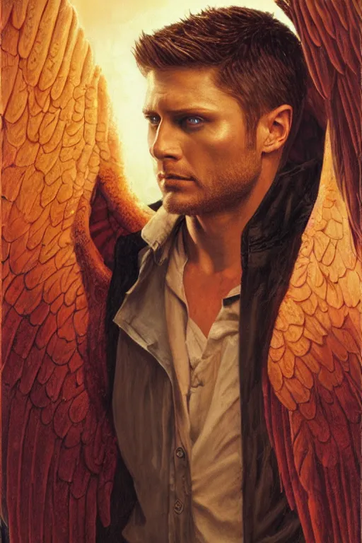 Image similar to a detailed matte portrait of an jensen ackles dressed as angel from buffy the vampire slayer, masterpiece, 8 k, art by donato giancola and greg rutkowski and wayne barlow and zdzisław beksinski