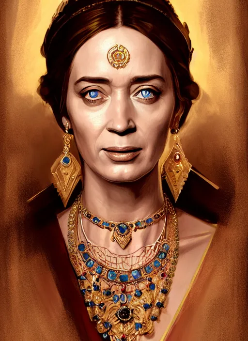 Prompt: portrait of emily blunt as indian queen, jewelry, greek, sapphire, victorian age, 1 8 9 0, intricate, headshot, key visual, conceptart, ambient lighting, highly detailed, digital painting, artstation, concept art, sharp focus, by makoto shinkai and akihiko yoshida and greg manchess