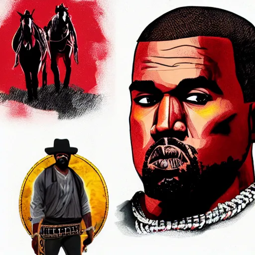 Image similar to kanye west in illustration red dead redemption 2 artwork of kanye west, in the style of red dead redemption 2 loading screen, by stephen bliss