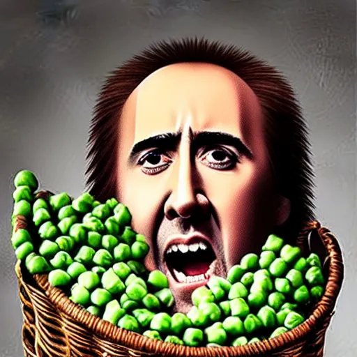 Image similar to nicolas cage with peas on his face, screaming in a wicker basket