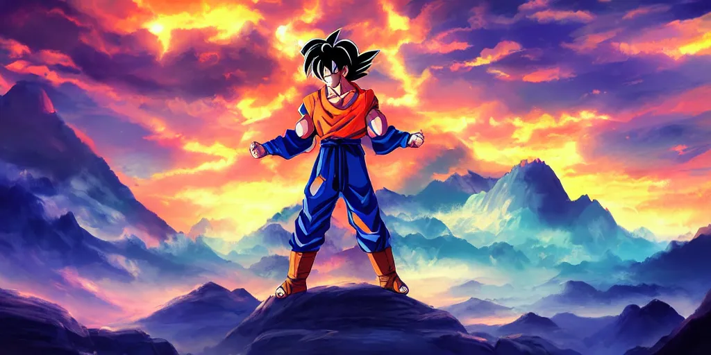 Image similar to son goku, mountain landscape, night sky, digital art, digital painting, celestial, majestic, playful, colorful