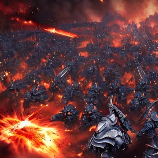 Image similar to The Emperor of mankind together with the primarchs are fighting against the Orcs. Epic battle, brutal style, super quality, 4k