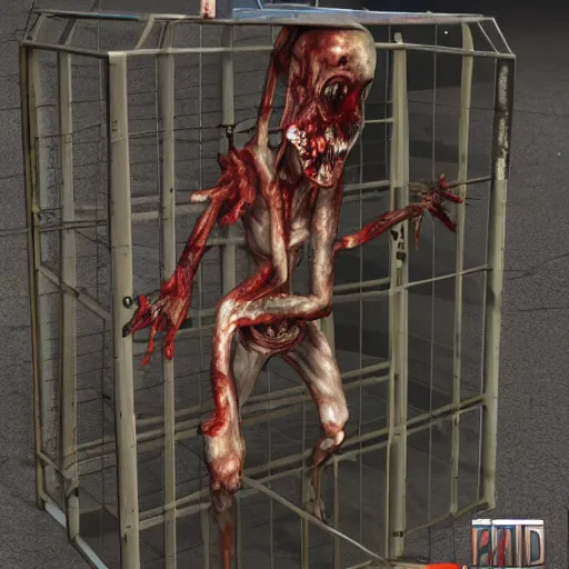 Prompt: a zombie locked in a cage trying to break out, award winning, trending on artstation, unreal engine