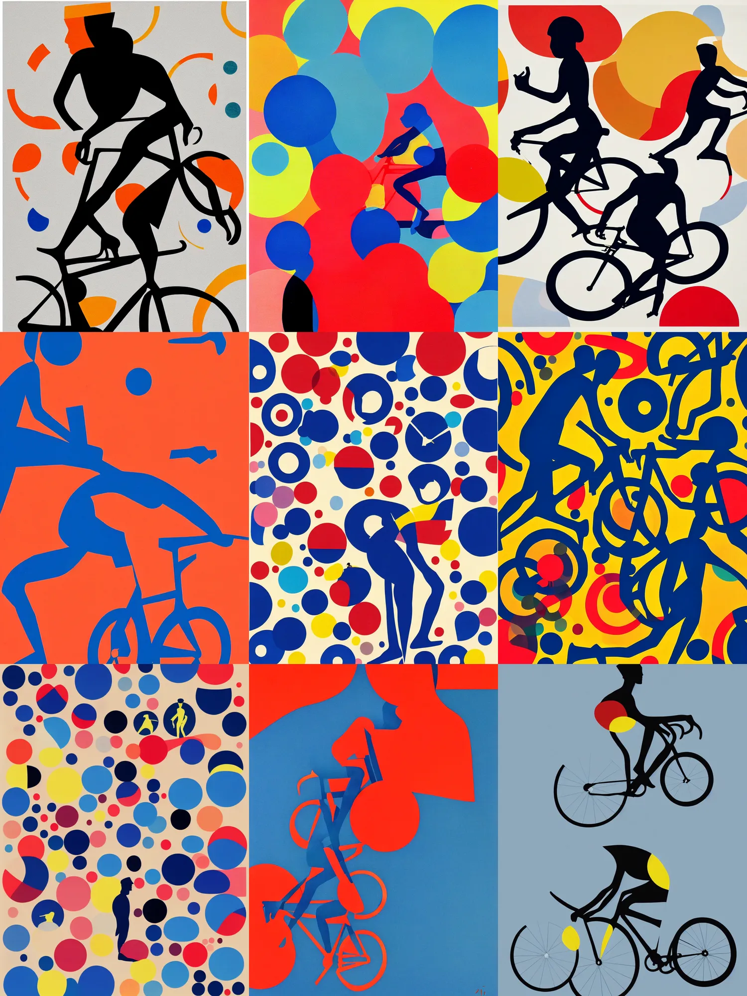 Prompt: ultra stylized silhouette of a fast cyclist in a minimalist collage of round shapes, blobs, clouds, gradients, grain, tetrachromacy, primary colors, in the style of ikko tanaka, japanese graphic design, 1 9 8 0,