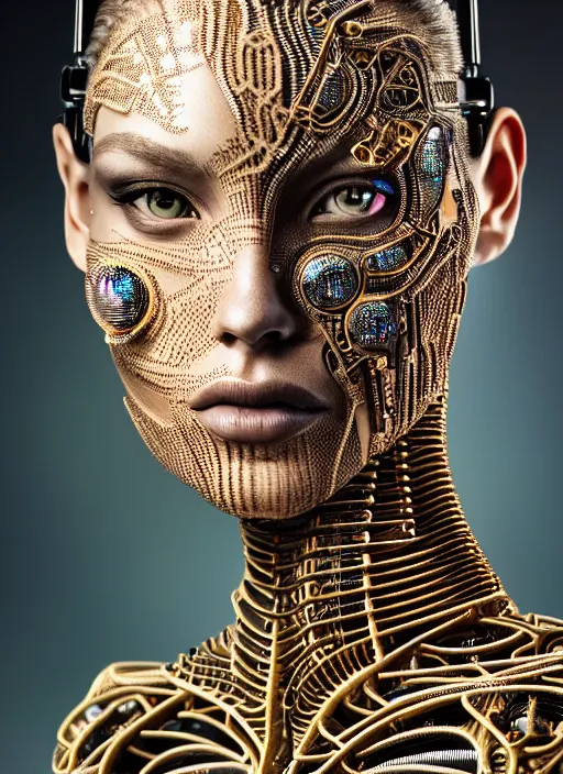 Image similar to a stunning young female cyborg profile face, face is made intricate tribal bio - mechanical, editorial photography, shot on 7 0 mm, depth of field, f / 2. 8, high contrast, 1 6 k, rays of shimmering light, volumetric lighting, shiny, insanely detailed and intricate, hypermaximalist, elegant, ornate, hyper realistic, super detailed