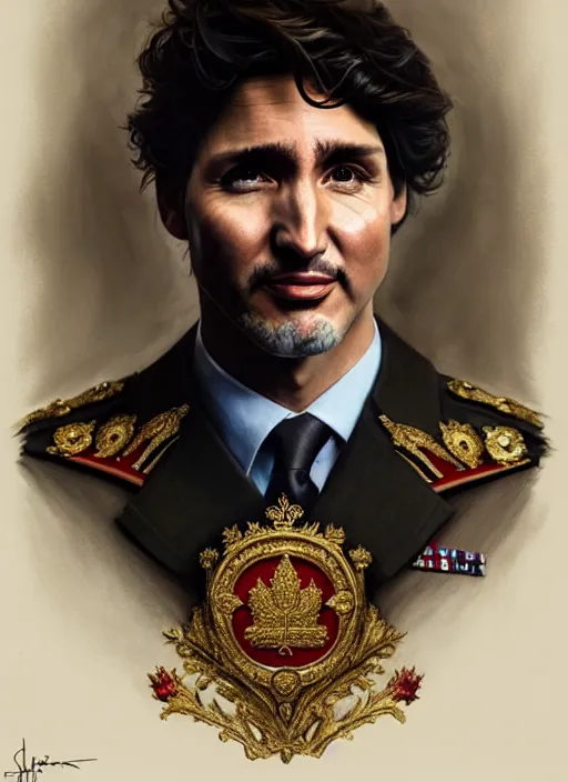 Image similar to portrait of supreme leader justin trudeau, royalty, extravagant, lord, full body, military uniform, fantasy, intricate, elegant, beautiful, highly detailed, charcoal, centered, dark, smokey, digital painting, artstation, concept art, art by artgerm and greg rutkowski and alphonse mucha