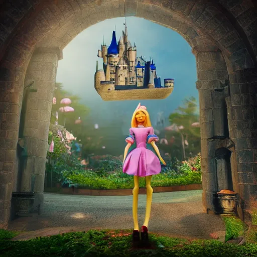 Prompt: beautiful alice full body doll figurine infront of castle, alice in wonderland theme, disney inspired, octane render, 8 k, ultra realistic, hd, cinematic lighting, fantasy landscape, artstation