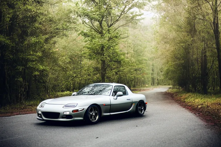 Image similar to A Mazda RX-7 parked in a road with trees, rainy spring season, Epic photography, taken with a Canon DSLR camera, 50 mm, insane depth of field