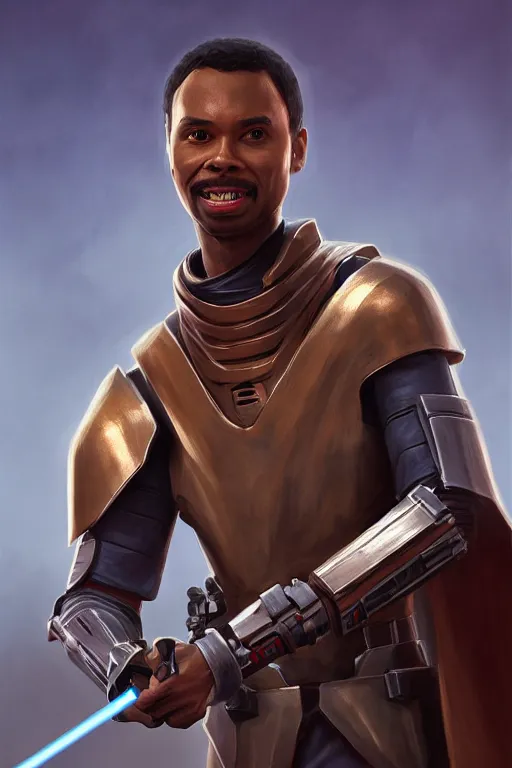 Prompt: Troy from Community as a Jedi Knight from Star Wars fighting a battle droid, realistic portrait, highly detailed, digital painting, artstation, concept art, smooth, sharp focus, cinematic lighting, art by Ralph McQuarry