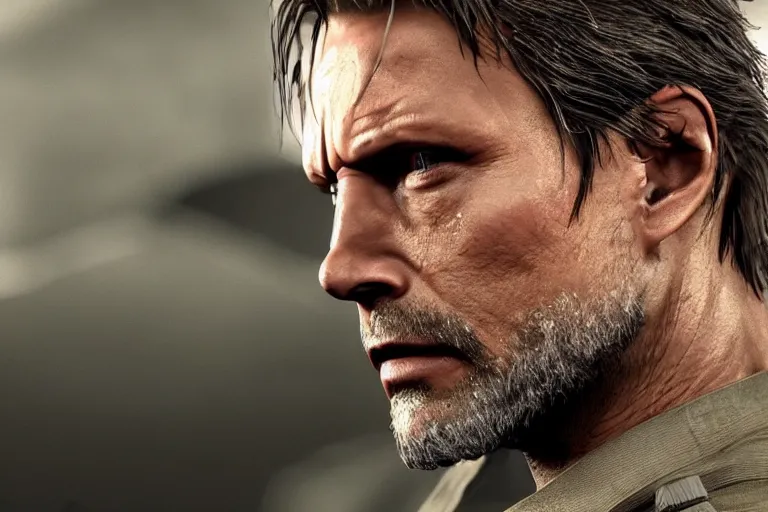 Prompt: Mads Mikkelsen as Solid Snake in Metal Gear Solid (2022), side view profile, high-quality 4k