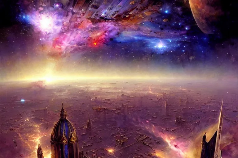 Image similar to The golden city of New Jersualem in the clouds, the orion nebula in the sky, nebula, fantasy city, fantastical architecture, divine, holy, art by Stephan Martinière, Martinière artwork, fantasy, beautiful, HD