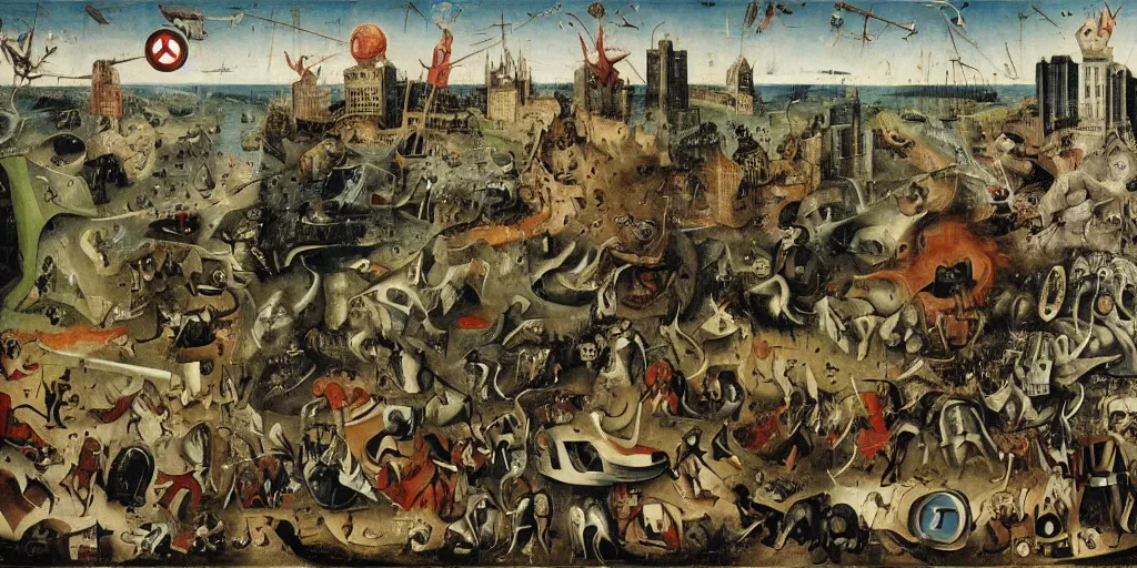 Image similar to The final battle between the Avengers and the Chitauri in New York by Hieronymus Bosch